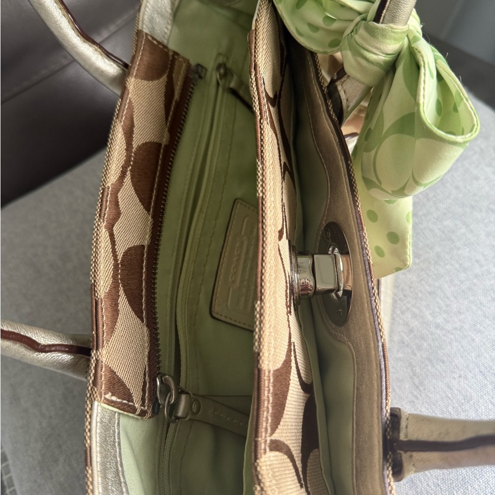 Coach Tan and Green Satchel with Bow Accent - Picture 7 of 10